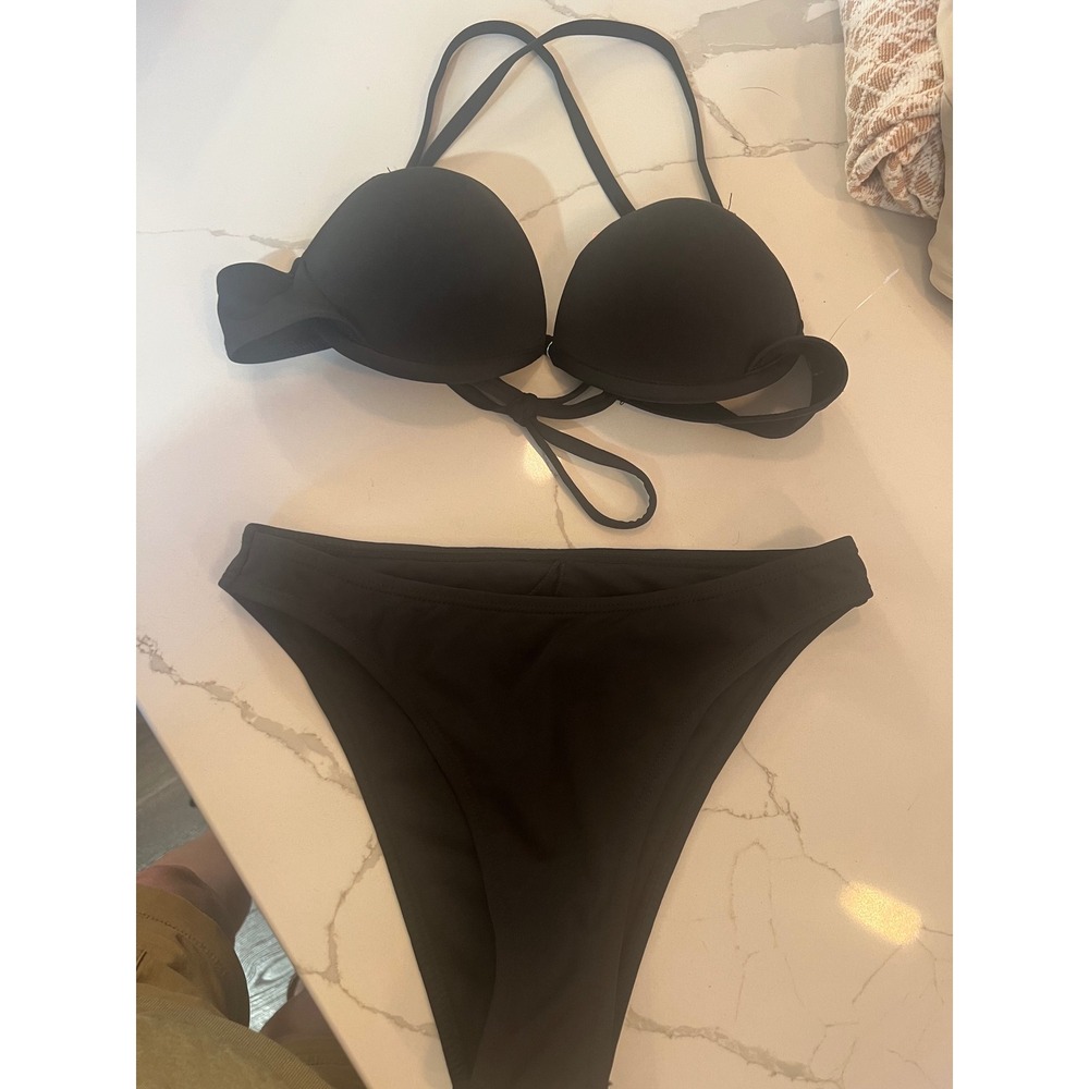 Juicy Couture Push Up Bikini Set Black Gothic Logo High Leg 2 Piece XS